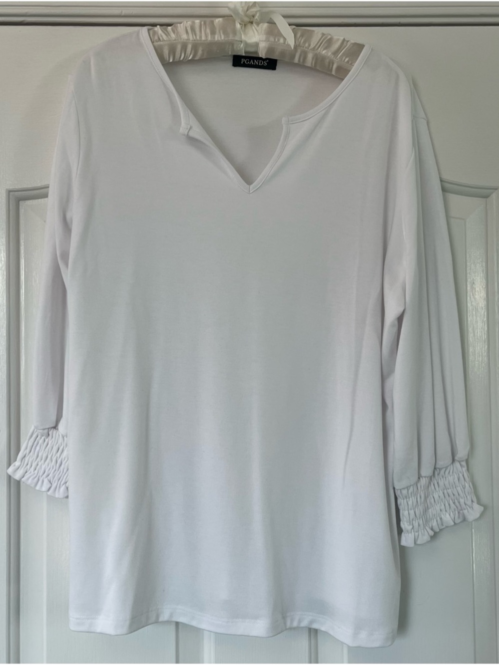 PGands White V-Neck Smocked Sleeve Women's Top